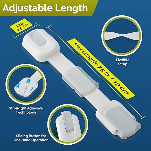 Wappa Child Safety Strap Locks (10 Pack) Baby Locks for Cabinets and Drawers, Toilet, Fridge & More. 3M Adhesive Pads. Easy Installation, No Drilling Required, White/Gray