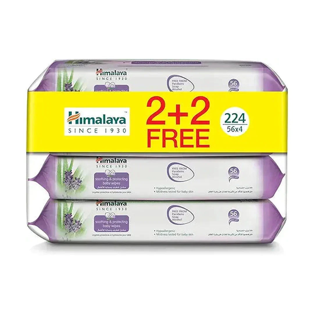 Himalaya Soothing & Protecting Baby Wipes | 56 wipes X 4 packs (224 Wipes) | Moisturise & Protects Baby Skin from Nappy Rash | Enriched with Goodness of Aloe Vera & Lavender | Alcohol & Paraben Free