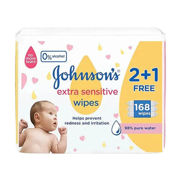 Johnson’s Extra Sensitive Baby Wipes, 98% Pure Water, Hypoallergenic, Fragrance, Alcohol & Dye Free, No More Tears Formula, 168 Wipes, Pack of 3