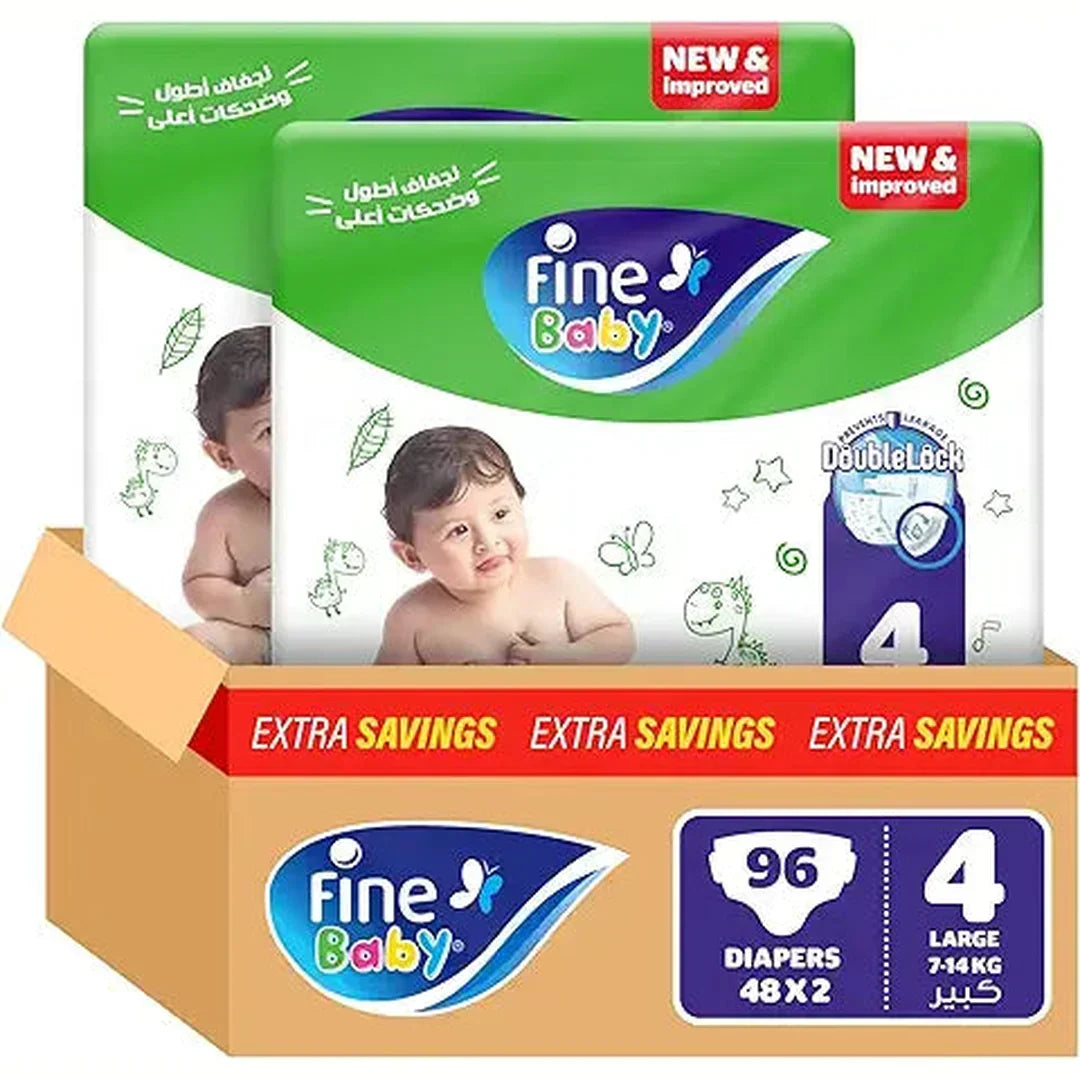 Fine Baby Double Lock, Size 4, Large, 7-14 kg, Giant Saving Box, 96 Diapers