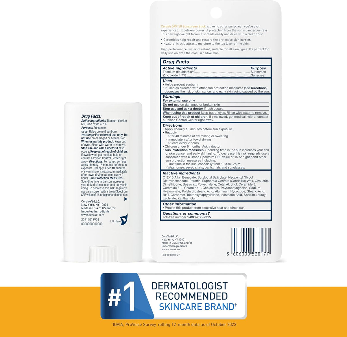CeraVe Mineral Sunscreen Stick for Kids & Adults | 100% Mineral Sunscreen, Zinc Oxide & Titanium Dioxide with Hyaluronic Acid and Ceramides | Broad Spectrum SPF 50 | Fragrance Free | 0.47 Ounce